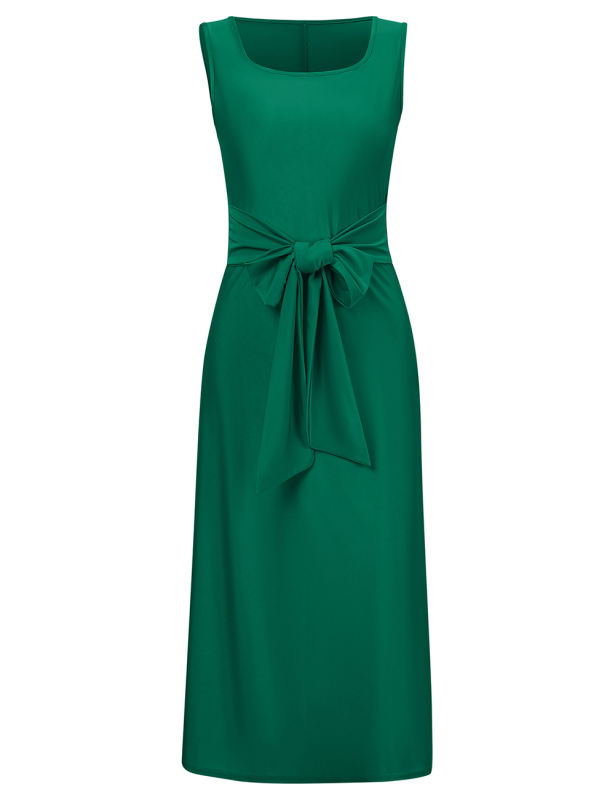 Dark Green Square Neck Tie Waist Split Sleeveless Dress