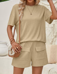 Khaki Knit Short Sleeve Top and Pocket Shorts Set