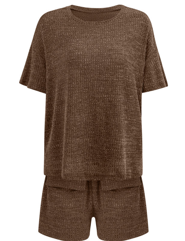 Coffee Knit Short Sleeve Top and Pocket Shorts Set