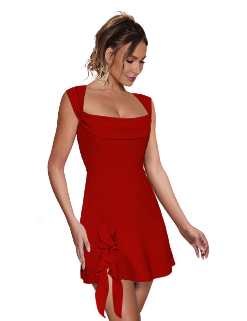 Red Ruffle Hem Side Split Square Neck Dress