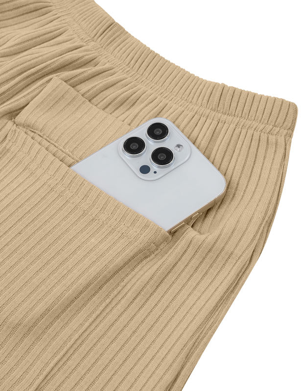 Khaki Knit Short Sleeve Top and Pocket Shorts Set