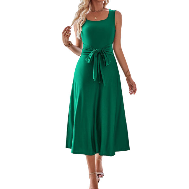 Dark Green Square Neck Tie Waist Split Sleeveless Dress