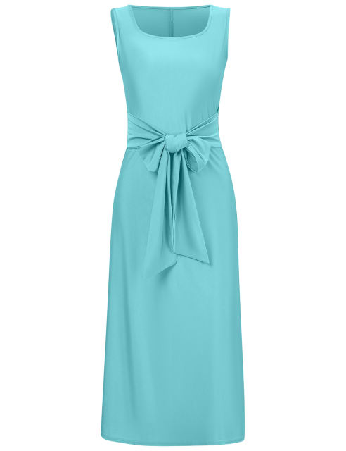Blue Square Neck Tie Waist Split Sleeveless Dress