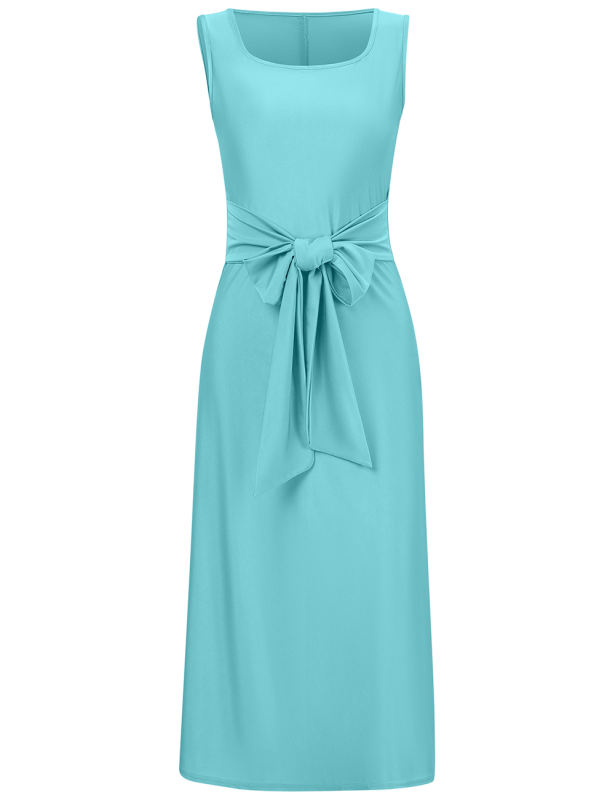 Blue Square Neck Tie Waist Split Sleeveless Dress