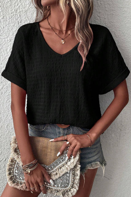Black Textured Rolled Sleeve V Neck Tee