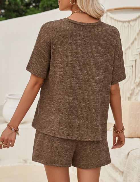 Coffee Knit Short Sleeve Top and Pocket Shorts Set