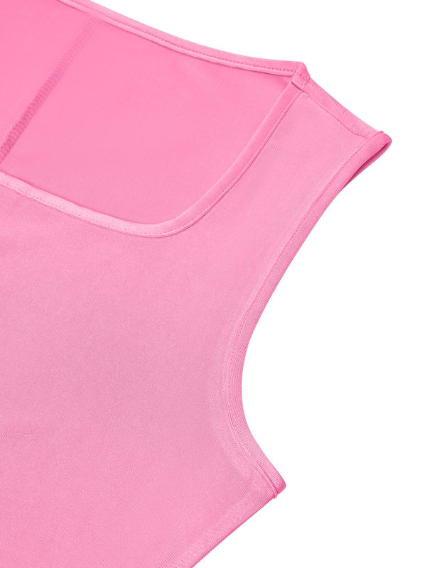 Pink Square Neck Tie Waist Split Sleeveless Dress