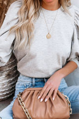 Light Grey Rhinestone Pearl Puff Half Sleeve Top