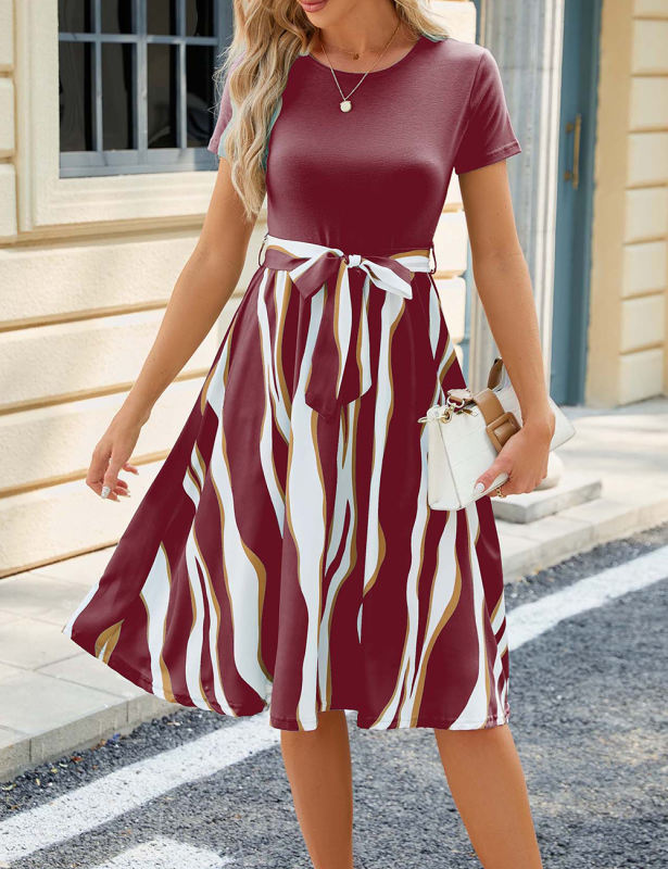 Burgundy Splicing Striped Short Sleeve Dress