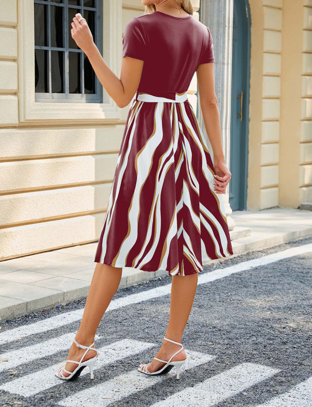 Burgundy Splicing Striped Short Sleeve Dress