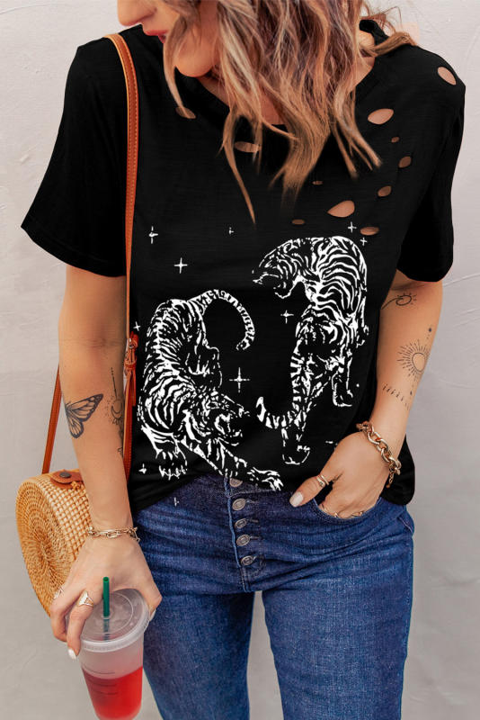 Black Tiger Print Cut Out Distressed O Neck T Shirt
