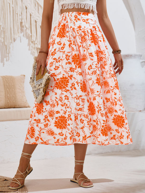 Orange Pleated High Waist Floral Skirt