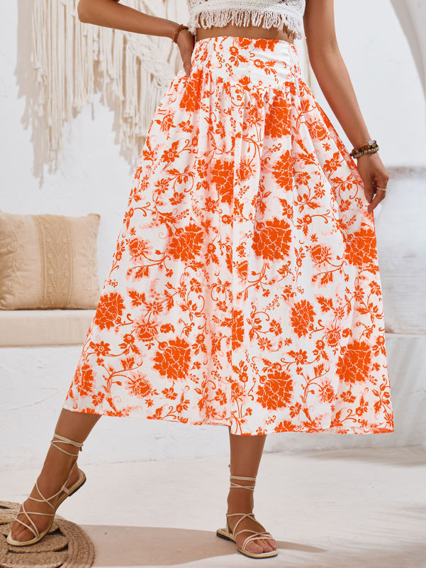 Orange Pleated High Waist Floral Skirt