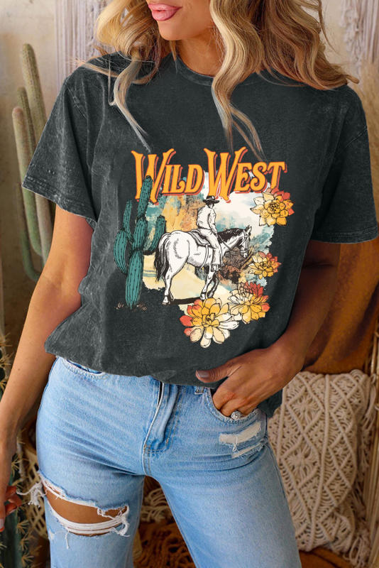 Black Wild West Western Pattern Print Mineral Wash T Shirt