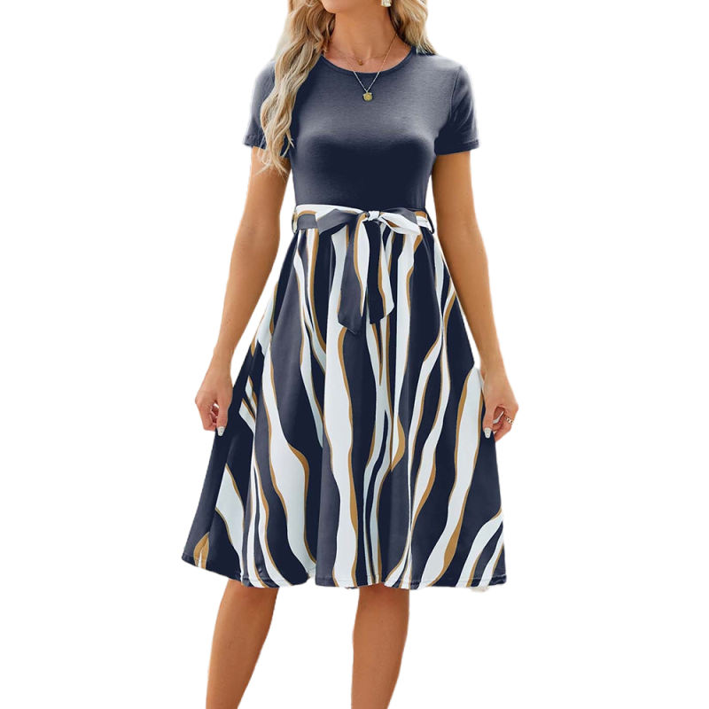 Navy Blue Splicing Striped Short Sleeve Dress