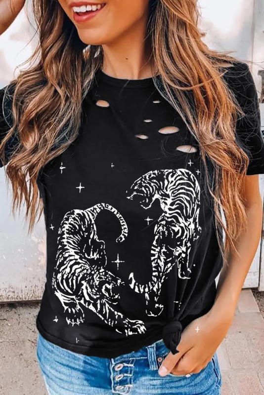 Black Tiger Print Cut Out Distressed O Neck T Shirt