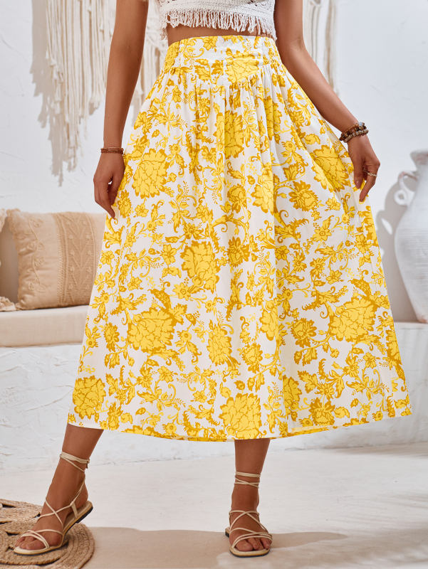 Yellow Pleated High Waist Floral Skirt