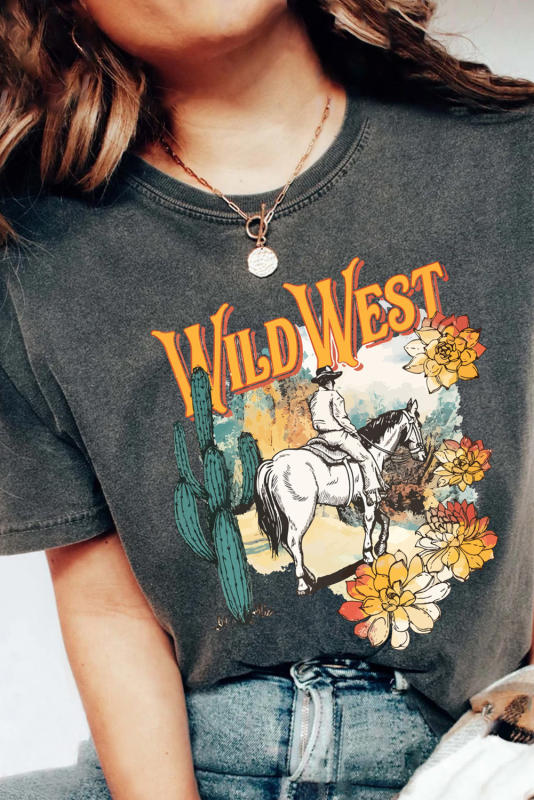 Black Wild West Western Pattern Print Mineral Wash T Shirt