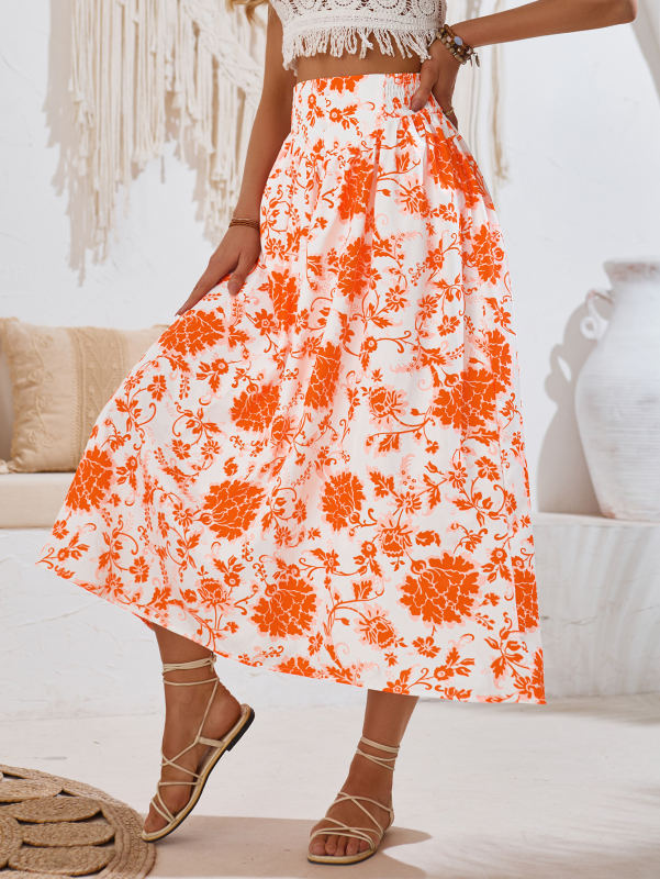 Orange Pleated High Waist Floral Skirt