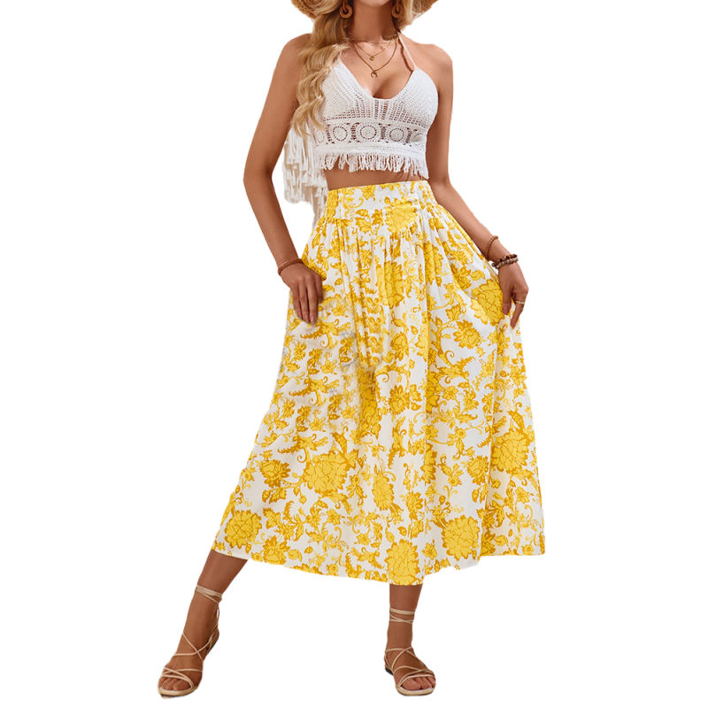 Yellow Pleated High Waist Floral Skirt