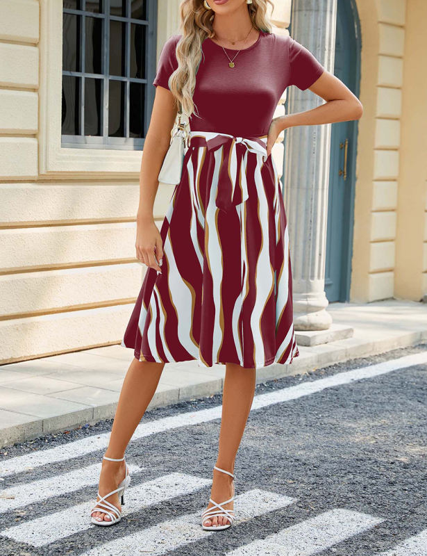 Burgundy Splicing Striped Short Sleeve Dress