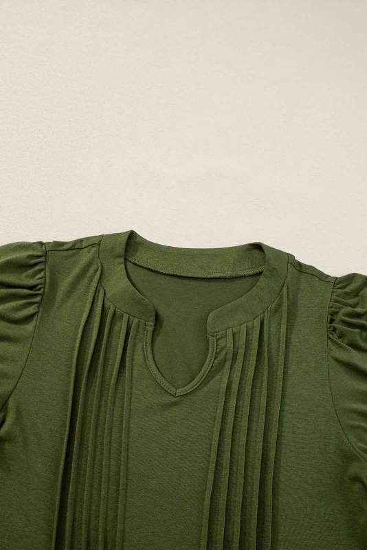 Fern Green Notched Neck Pleated Puff Sleeve Shift T-shirt Dress