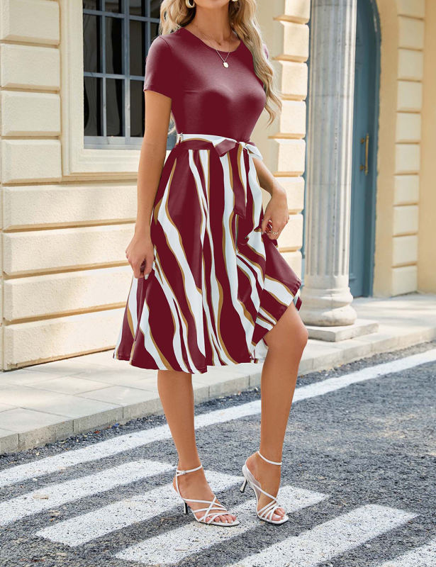 Burgundy Splicing Striped Short Sleeve Dress