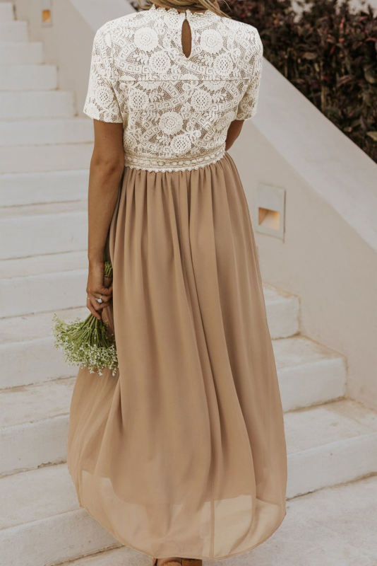 Clay Lace Short Sleeve Bodice Flowy Chiffon Long Dress