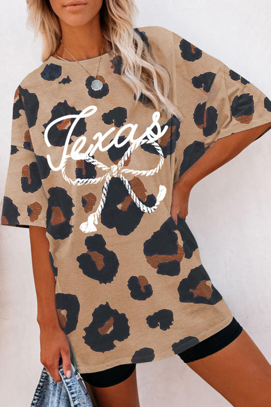 Leopard Texas Rope Bowknot Print Oversized T Shirt