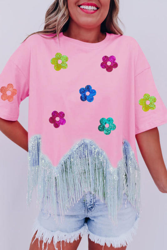 Pink Sequined Flower Tasseled Crew Neck Graphic Tee