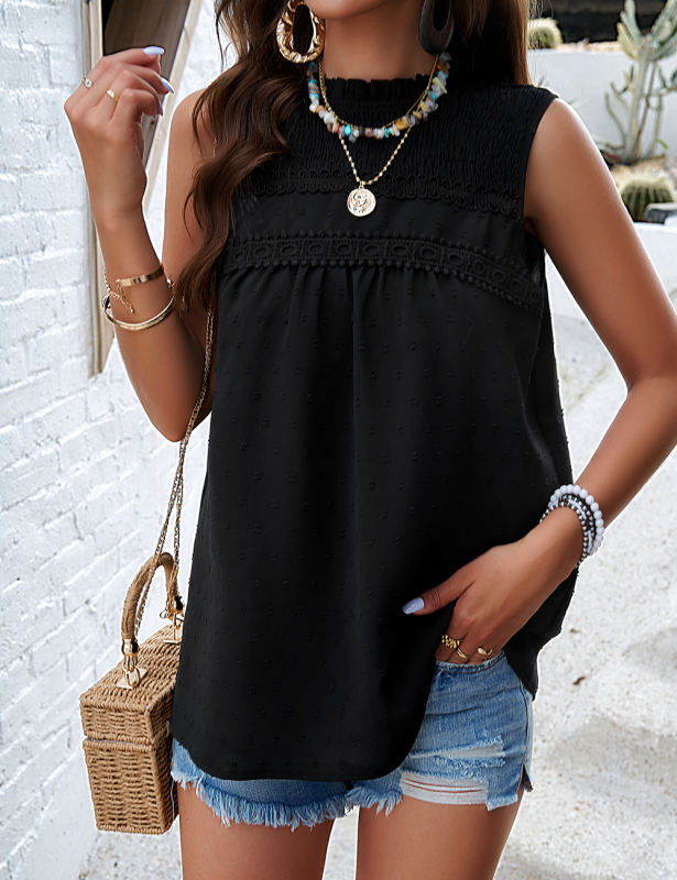 Black Frilled Mock Neck Sleeveless Tank Top