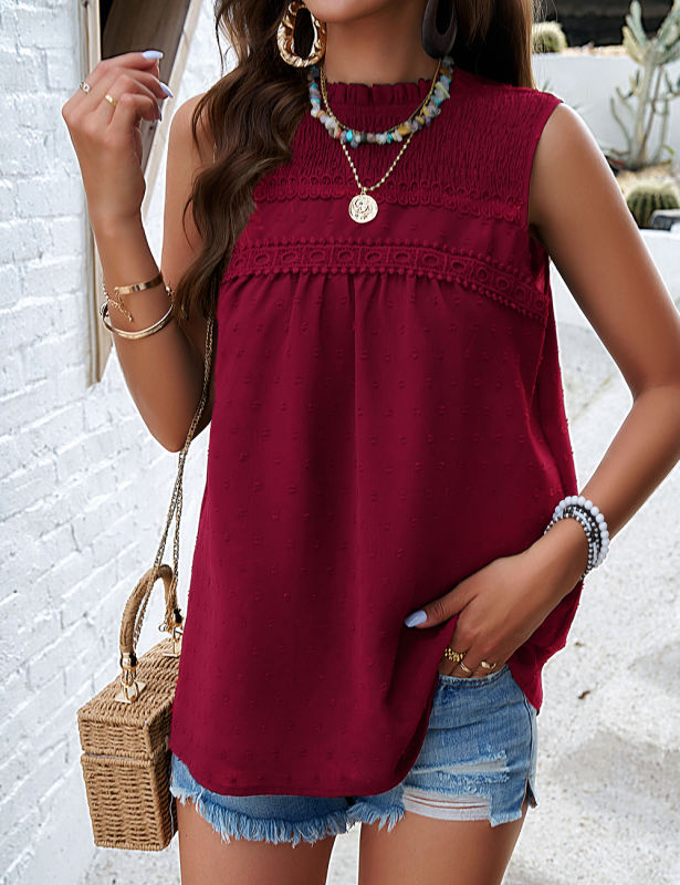 Wine Red Frilled Mock Neck Sleeveless Tank Top