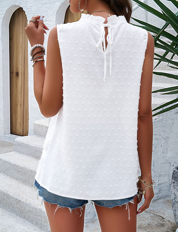 White Frilled Mock Neck Sleeveless Tank Top