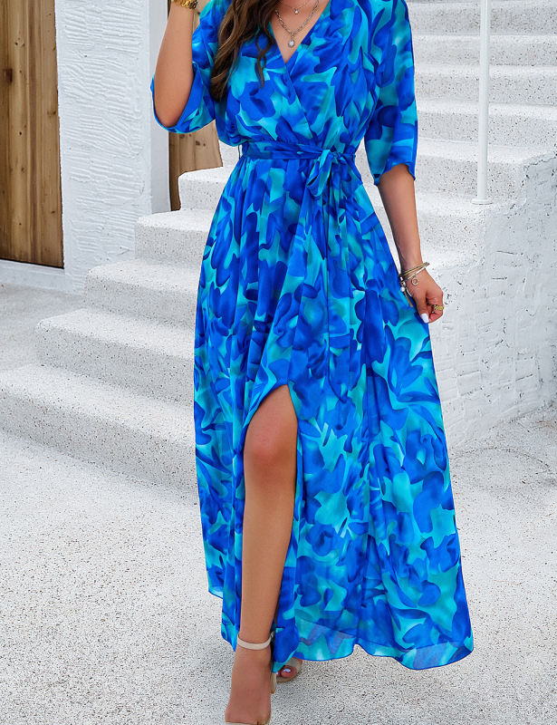 Blue Floral Print Tie Waist V Neck Maxi Dress