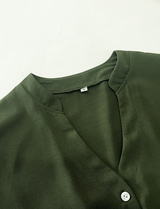 Green Slim Waist Button V Neck Blouse