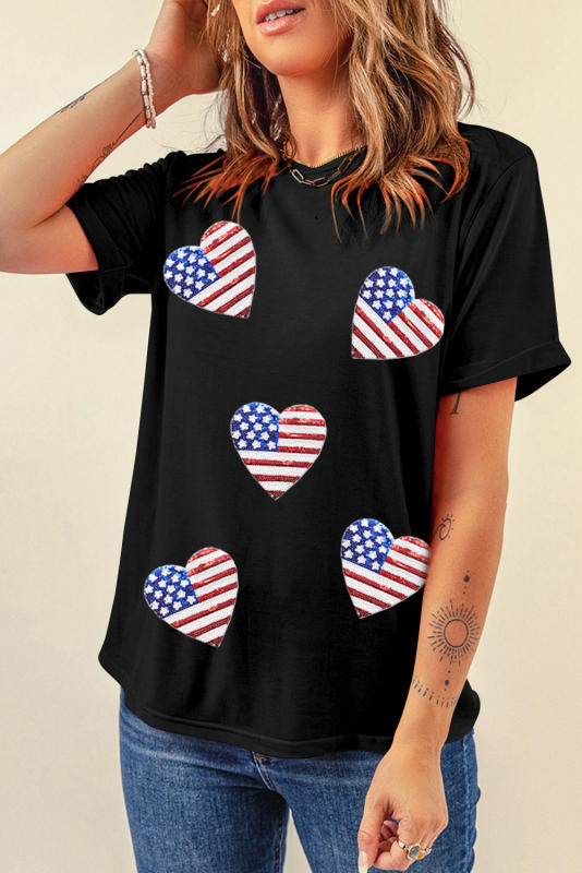 Black Sequined American Flag Heart Graphic T Shirt