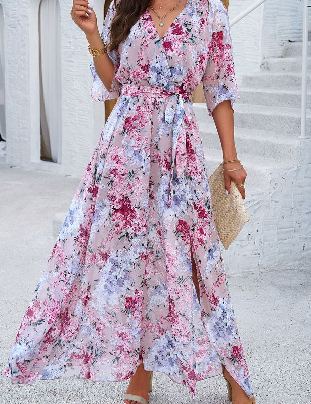 Pink Floral Print Tie Waist V Neck Maxi Dress