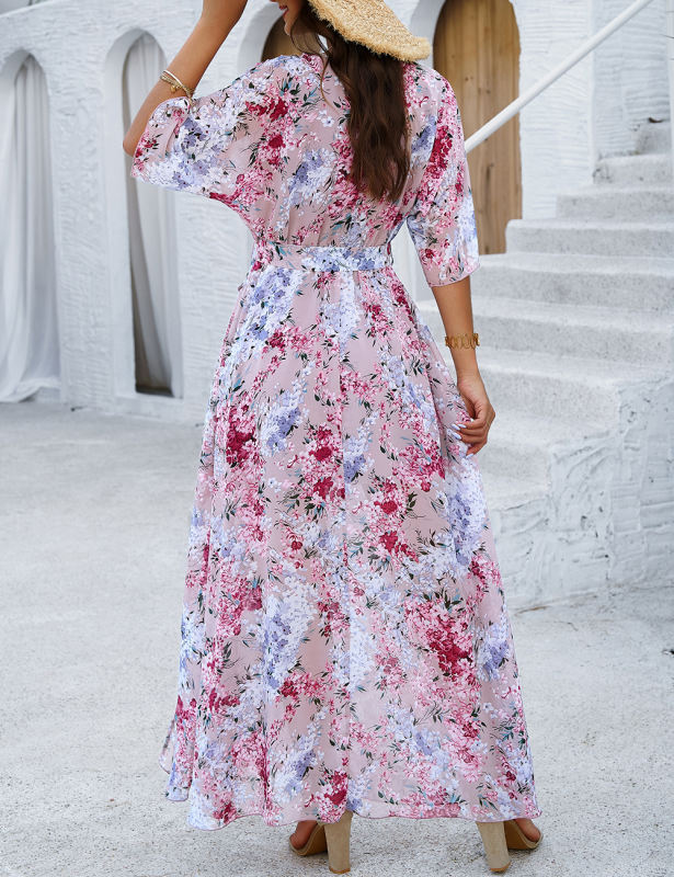 Pink Floral Print Tie Waist V Neck Maxi Dress