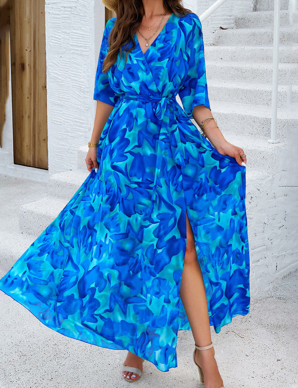 Blue Floral Print Tie Waist V Neck Maxi Dress