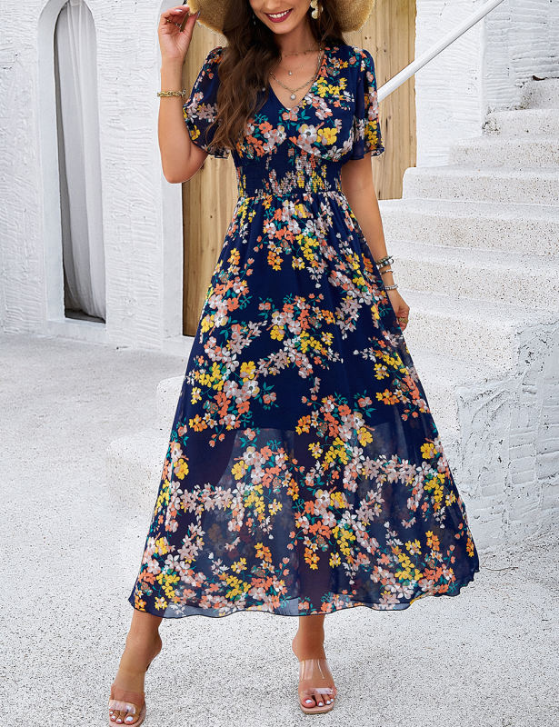 Navy Blue Pleated Waist Short Sleeve Floral Dress