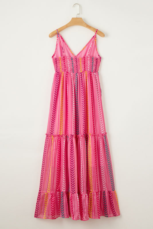 Pink Western Printed Tassel Tie V Neck Wrap Maxi Dress