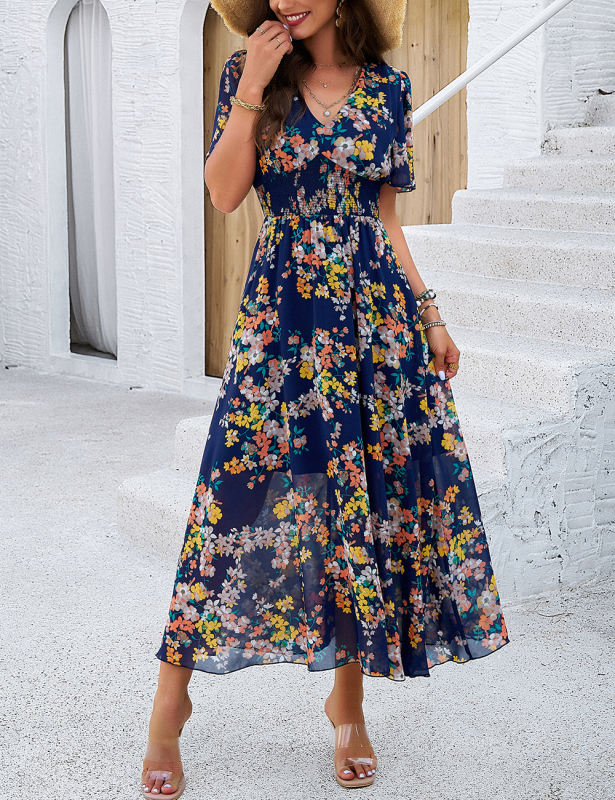 Navy Blue Pleated Waist Short Sleeve Floral Dress