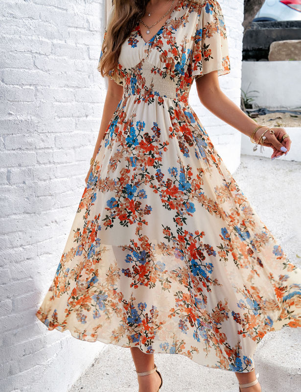 Apricot Pleated Waist Short Sleeve Floral Dress