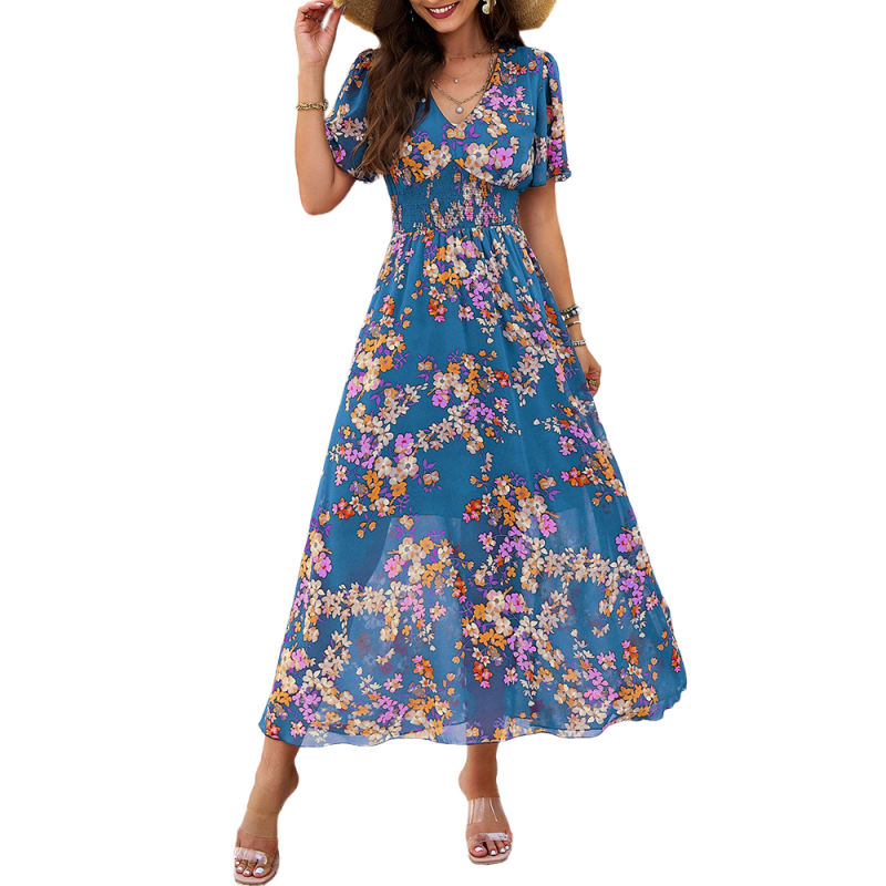 Blue Pleated Waist Short Sleeve Floral Dress