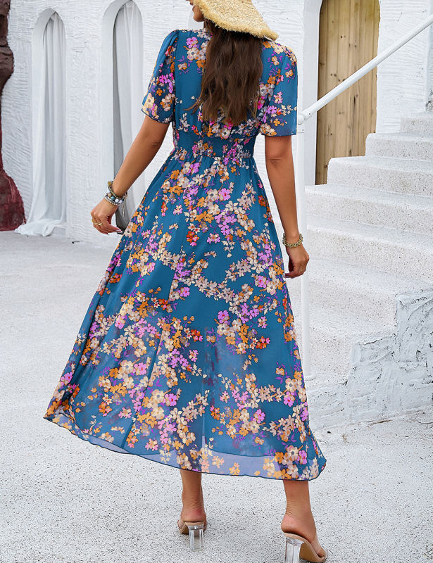 Blue Pleated Waist Short Sleeve Floral Dress