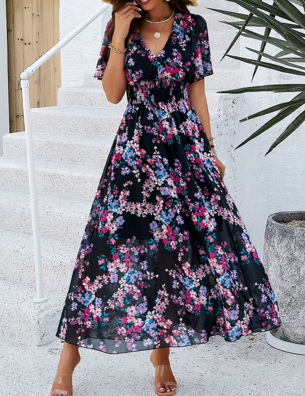 Black Pleated Waist Short Sleeve Floral Dress