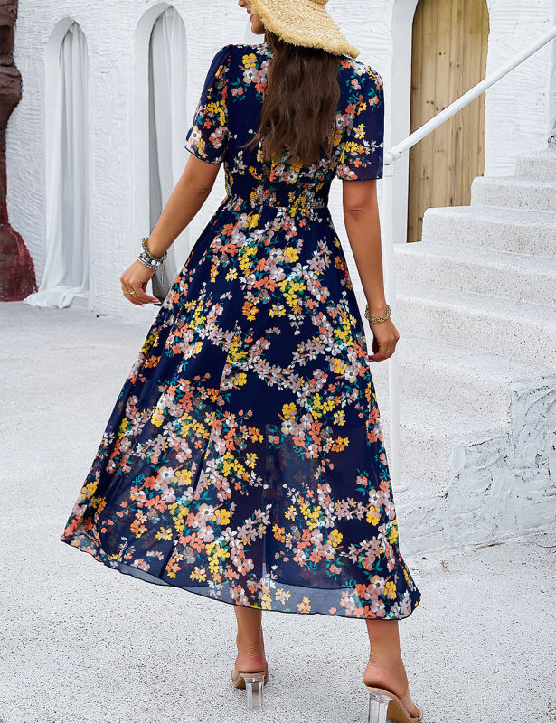 Navy Blue Pleated Waist Short Sleeve Floral Dress