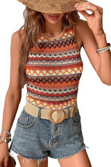 Orange Striped &amp; Geo Jacquard Knit Tank Top