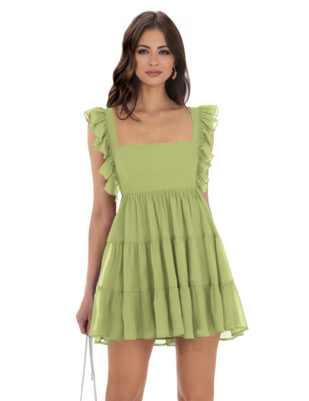 Light Green Square Neck Ruffle Sleeveless Crepe Mini Dress