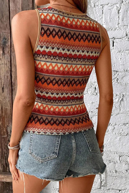 Orange Striped &amp; Geo Jacquard Knit Tank Top